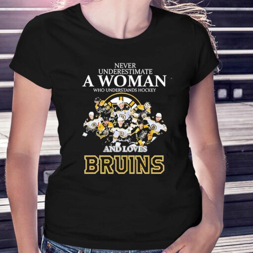 Never Underestimate A Woman Who Understand Hockey And Loves Boston Bruins 2023 Signatures Shirt