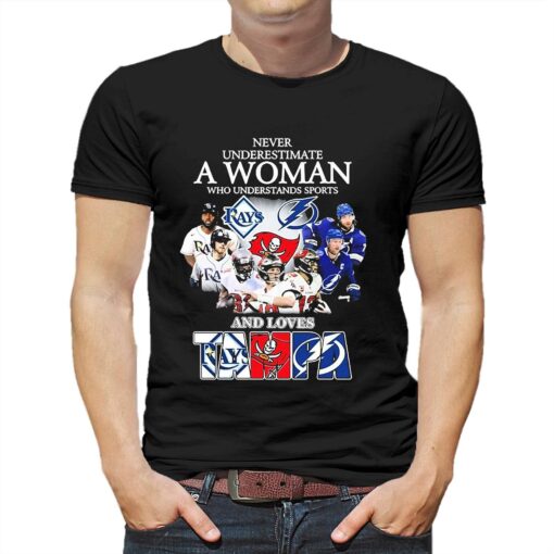 Never Underestimate A Woman Who Understands Sports Tampa Bay Buccaneers And Tampa Bay Lightning Shirt