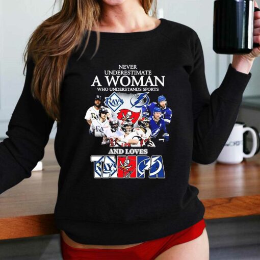 Never Underestimate A Woman Who Understands Sports Tampa Bay Buccaneers And Tampa Bay Lightning Shirt