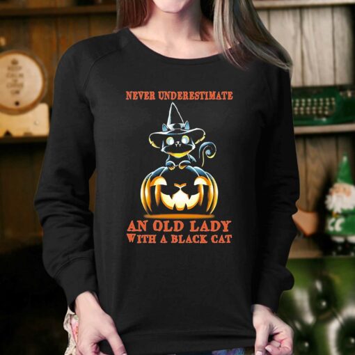 Never Underestimate An Old Lady With A Black Cat Halloween Pumpkin Shirt