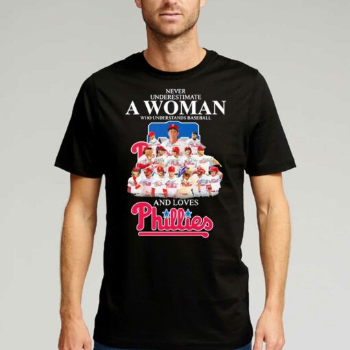 Official Never Underestimate A Woman Who Underestimate Baseball And Loves Phillies Signatures Team Shirt