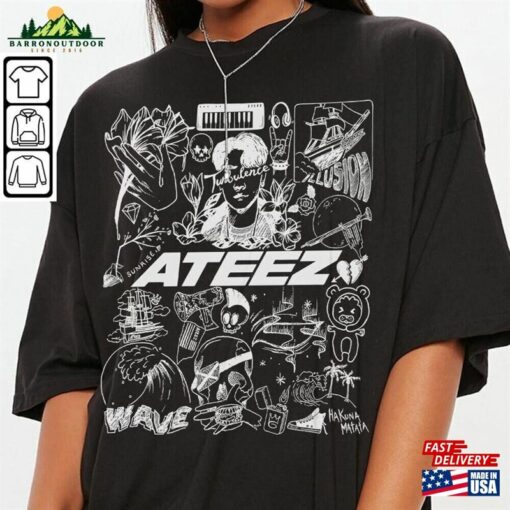 Ateez Kpop Doodle Art Shirt Vintage Merch Tee Album Lyric Tattoo Design Sweatshirt Classic Unisex