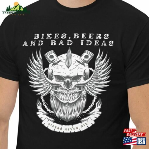 Biker T-Shirt Motorcycle Gift For Bikers On Tour Beer Bikes And Bad Ideas Outlaws Chopper Boys Classic Men’s T Shirt Unisex