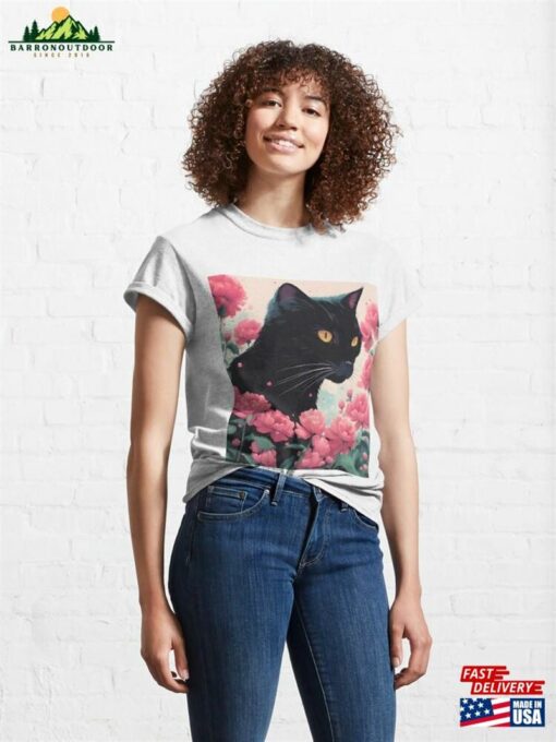 Black Cat Pink Roses Classic T-Shirt Unisex