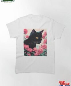 Black Cat Pink Roses Classic T-Shirt Unisex