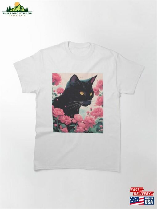 Black Cat Pink Roses Classic T-Shirt Unisex