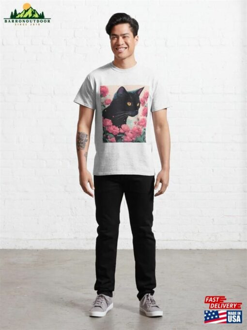 Black Cat Pink Roses Classic T-Shirt Unisex