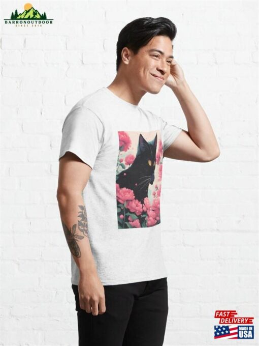 Black Cat Pink Roses Classic T-Shirt Unisex