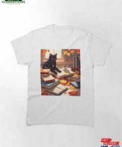 Black Cat Withh Coffee And Books Classic T-Shirt Unisex