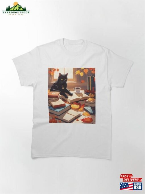 Black Cat Withh Coffee And Books Classic T-Shirt Unisex