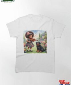 Black Haired Girl In Formal Garden Playing Viola With Rottweiler Puppy Dog Music Student Gift Classic T Shirt Unisex 2