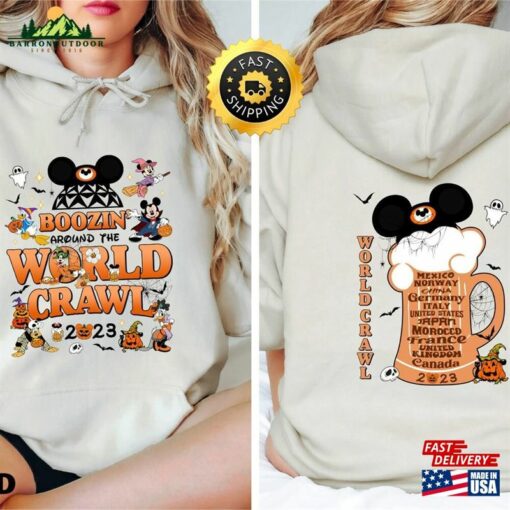 Boozin’around The World Crawl Halloween Sweatshirt Mickey And Friends 2 Sided Hoodie T-Shirt