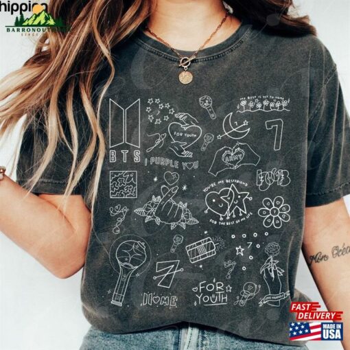 Bts Doodle Art Shirt Vintage Album Lyrics Sweatshirt World Tour 2023 Concert Gift For Army Fan I Purple You Classic Hoodie