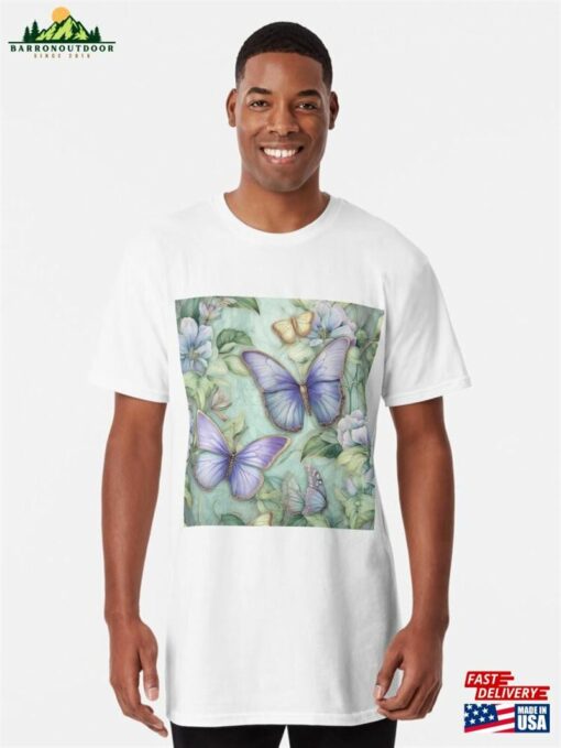 Captivating Butterfly Cluster On Blue Florals Canvas Art Long T-Shirt Hoodie