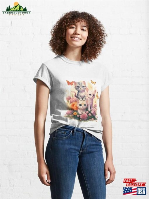 Charming Kittens Amongst Pastel Flowers And Butterflies Artwork Classic T-Shirt