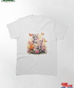 Charming Kittens Amongst Pastel Flowers And Butterflies Artwork Classic T-Shirt