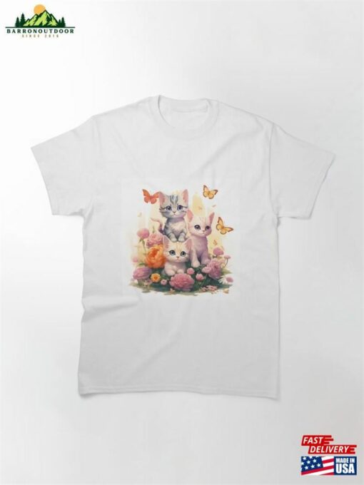 Charming Kittens Amongst Pastel Flowers And Butterflies Artwork Classic T-Shirt