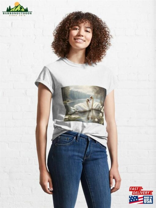 Couple Of Swans In Lake Landscape View Classic T-Shirt Sweatshirt