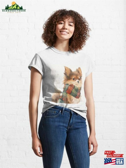 Curious Small Dog In Bright Plaid Scarf Illustration Classic T-Shirt Sweatshirt