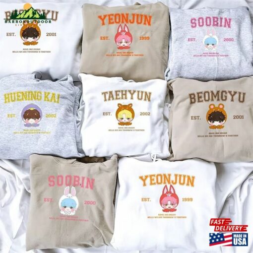 Custom Txt Kpop Shirt Cute Animal Character Tomorrow X Together Chibi Yeonjun Soobin Beomgyu Taehyun Huening Kai Unisex Classic