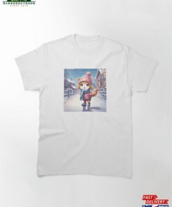 Cute Anime Female Cartoon Cat In Winter Snowy Background Classic T-Shirt