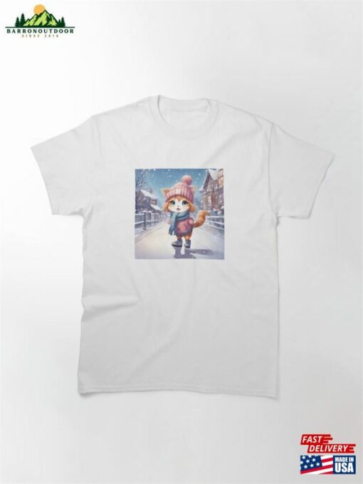 Cute Anime Female Cartoon Cat In Winter Snowy Background Classic T-Shirt