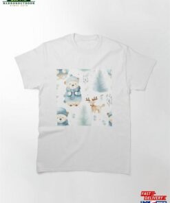 Cute Baby Bear And Deer Cartoon Animal Portrait Design For Winter Holiday Classic T-Shirt Unisex