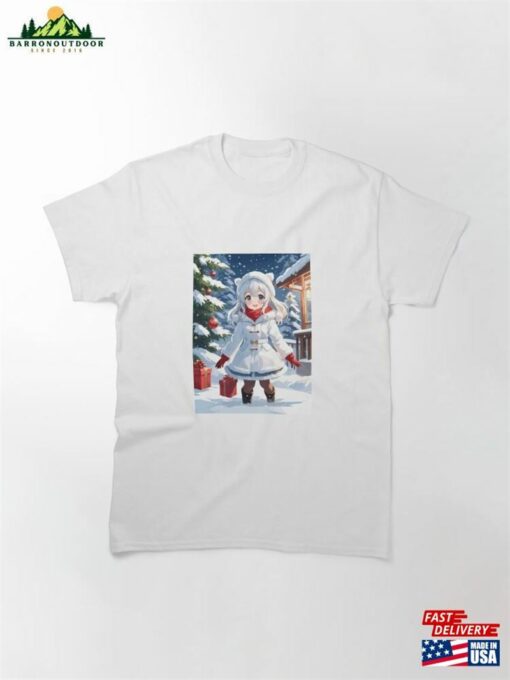 Cute Cartoon Girl Delights In Snowy Christmas Illustration Classic T-Shirt