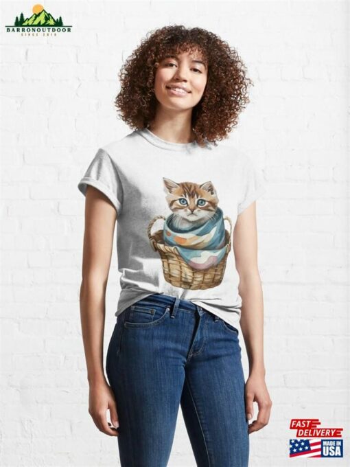 Cute Cat Wearing A Blanket Sitting In Basket Classic T-Shirt Hoodie Sweatshirt