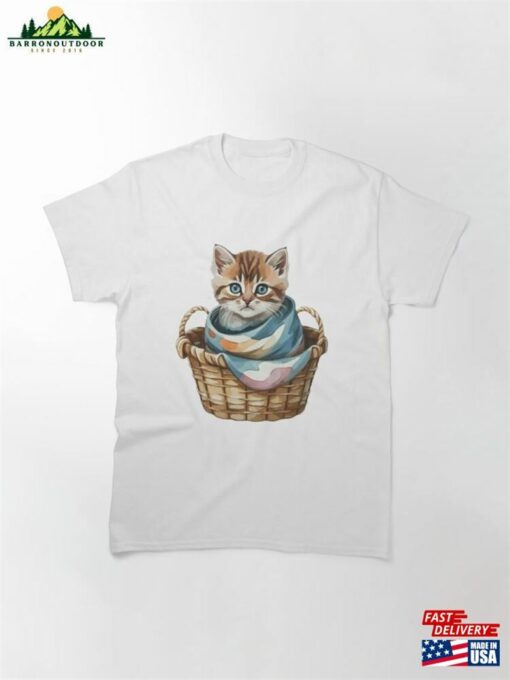 Cute Cat Wearing A Blanket Sitting In Basket Classic T-Shirt Hoodie Sweatshirt