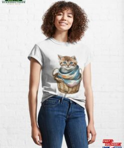 Cute Cat Wearing A Blanket Sitting In Basket Classic T Shirt Sweatshirt Unisex 1