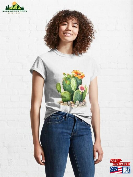 Desert Oasis Cactus With Orange Amp Pink Flower And Scattered Stones Classic T-Shirt Sweatshirt