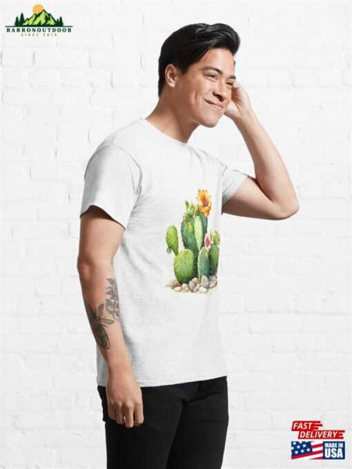 Desert Oasis Cactus With Orange Amp Pink Flower And Scattered Stones Classic T-Shirt Sweatshirt