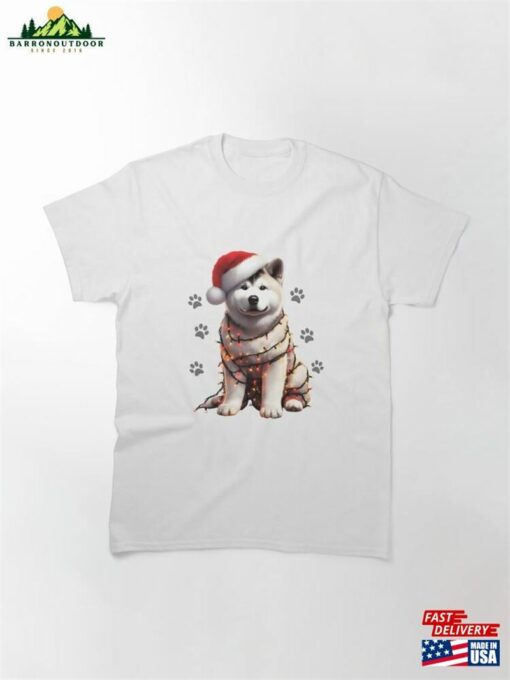 Dog Christmas Akita Wrapped With Lights On Holiday Classic T-Shirt Hoodie Sweatshirt