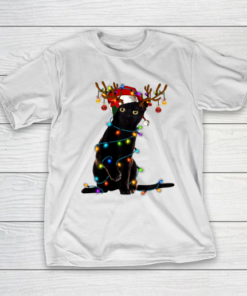 Black Cat Christmas Light T Shirt Funny Cat Lover Christmas T-Shirt