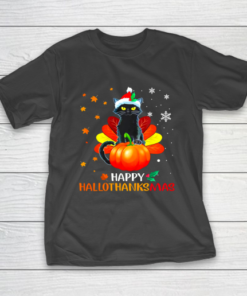 Black Cat Halloween And Merry Christmas Happy Hallothanksmas T-Shirt