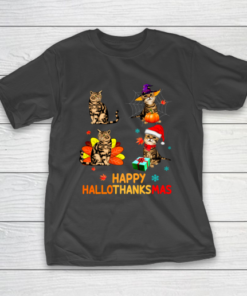 Cat Halloween Thanksgiving Christmas Happy Hallothanksmas T-Shirt