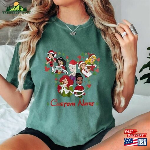 Comfort Colors® Personalized Disney Princess Christmas Shirt Custom Characters Xmas Holiday Shirts Sweatshirt Hoodie