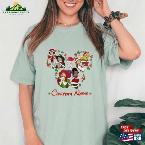 Comfort Colors® Personalized Disney Princess Christmas Shirt Custom Characters Xmas Holiday Shirts Sweatshirt Hoodie