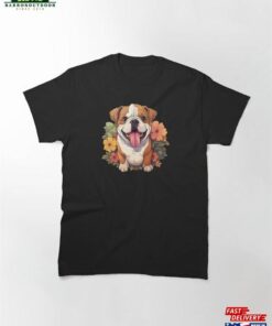 Cute Kawaii Bulldog Surrounded By Flowers And Leaves Classic T-Shirt Unisex Hoodie