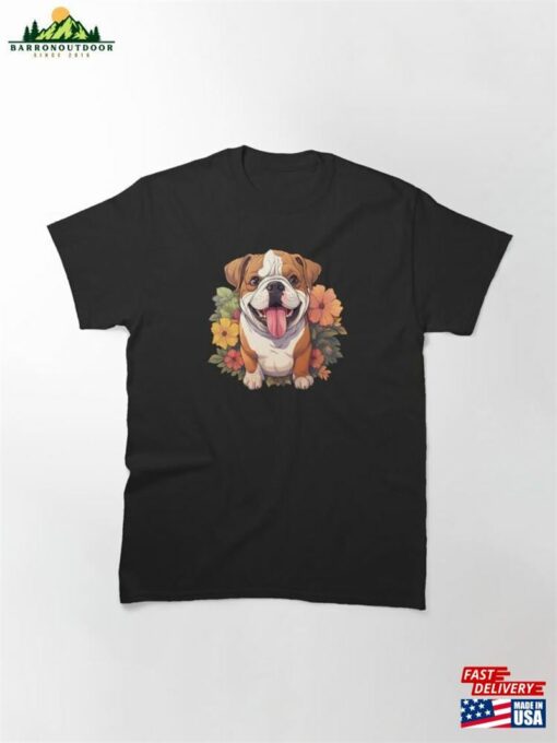 Cute Kawaii Bulldog Surrounded By Flowers And Leaves Classic T-Shirt Unisex Hoodie