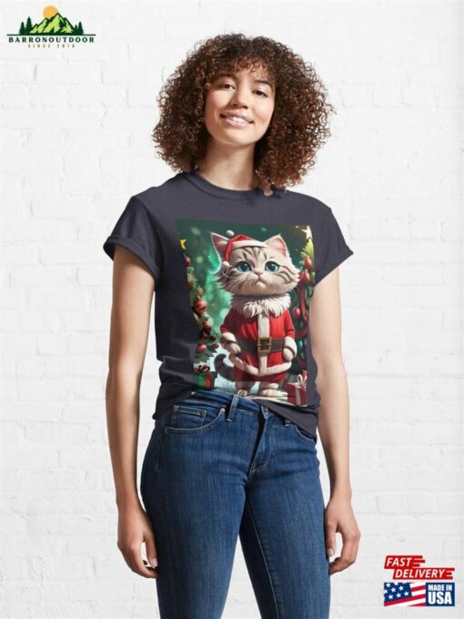 Cute Little Cat Wearing Santa Cloths Merry Christmas Classic T-Shirt Unisex