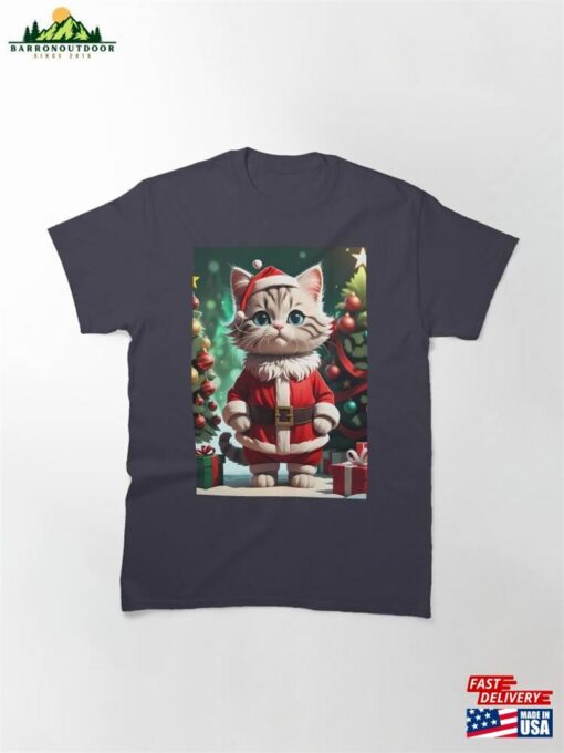 Cute Little Cat Wearing Santa Cloths Merry Christmas Classic T-Shirt Unisex