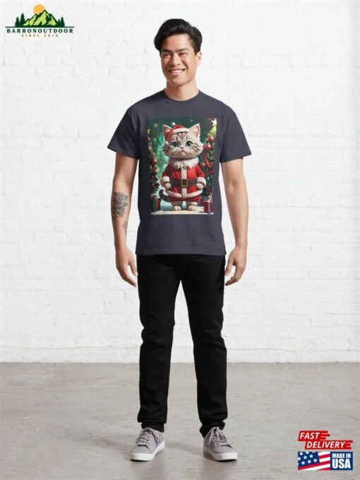 Cute Little Cat Wearing Santa Cloths Merry Christmas Classic T-Shirt Unisex