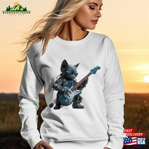 Cyber Cat Guitarist T-Shirt Unique Robotic Kitten Rock Band Tee Cool Musician Lover Gift Sweatshirt Unisex