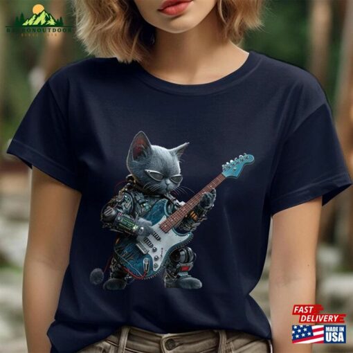 Cyber Cat Guitarist T-Shirt Unique Robotic Kitten Rock Band Tee Cool Musician Lover Gift Sweatshirt Unisex