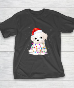 Maltese With Christmas Lights Shirt Santa Hat T-Shirt