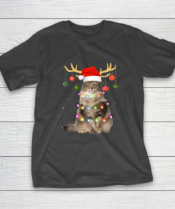 Reindeer Norwegian Forest Cat Santa Hat Christmas Light Xmas T-Shirt