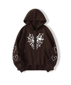 Sp5der Zipper Web & Heart Print Hoodie Brown – US-SPIDER