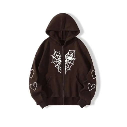 Sp5der Zipper Web & Heart Print Hoodie Brown – US-SPIDER